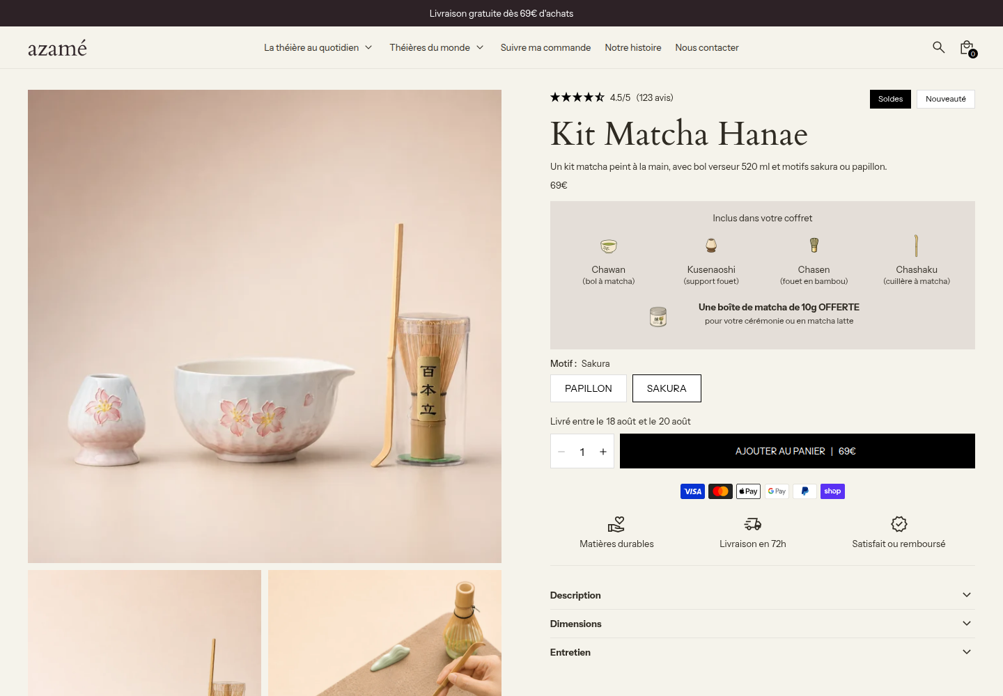 Page produit du Kit Matcha Hanae sur la boutique Azamé